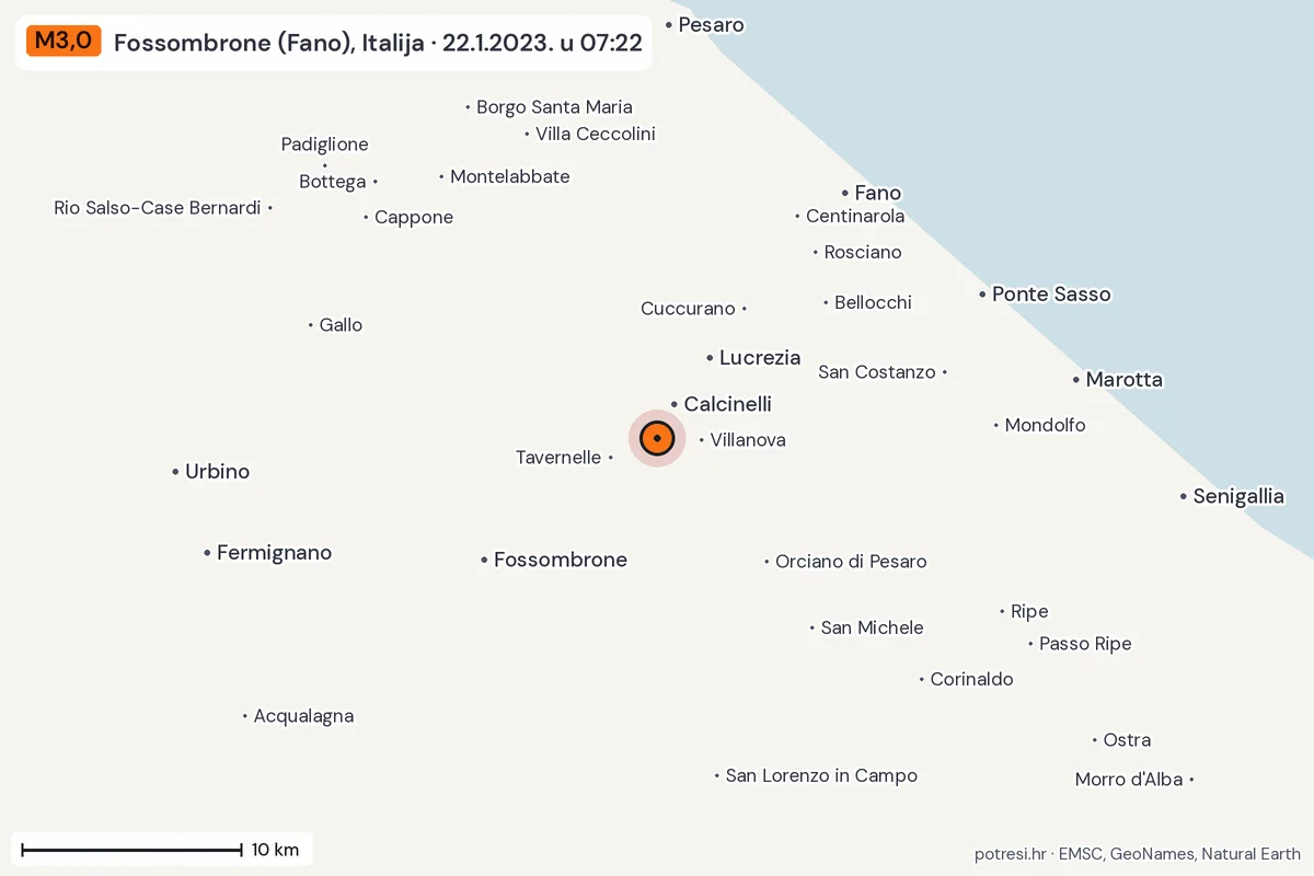 Karta: okolica epicentra, 60 km, potres M3,0, Fossombrone (Fano), Italija, 22.1.2023.