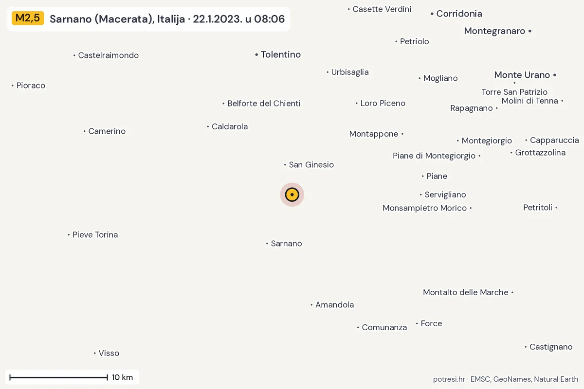 Karta: okolica epicentra, 60 km, potres M2,5, Sarnano (Macerata), Italija, 22.1.2023.