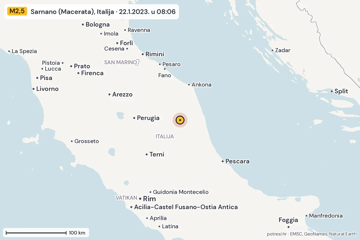 Karta: šire područje, 600 km, potres M2,5, Sarnano (Macerata), Italija, 22.1.2023.