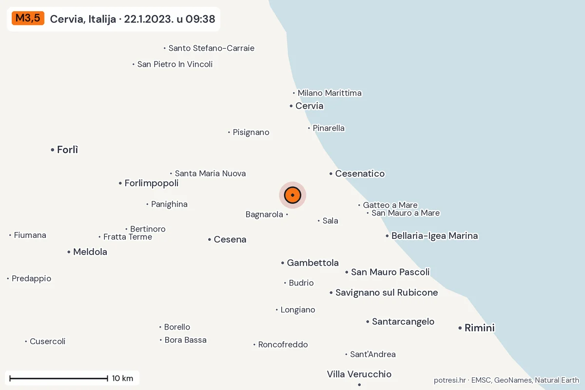Karta: okolica epicentra, 60 km, potres M3,5, Cervia, Italija, 22.1.2023.