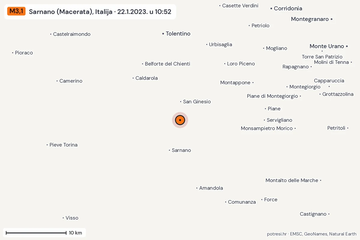Karta: okolica epicentra, 60 km, potres M3,1, Sarnano (Macerata), Italija, 22.1.2023.