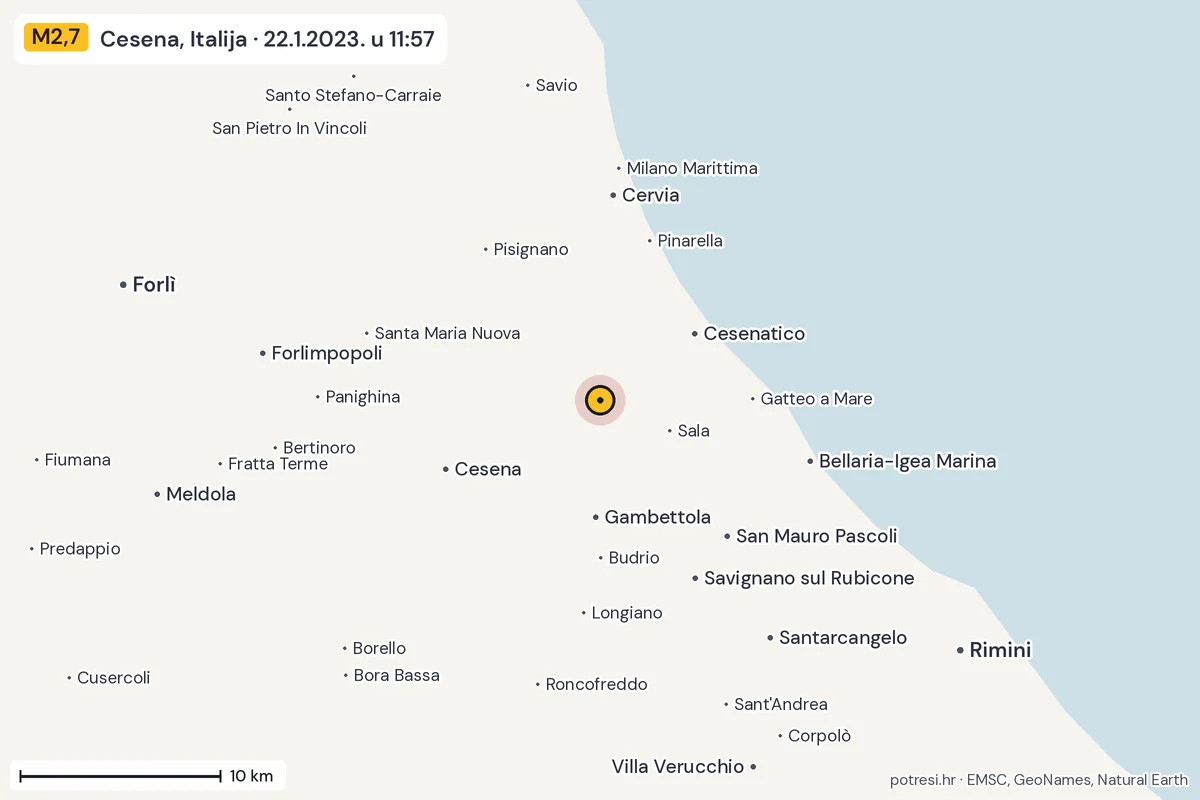 Karta: okolica epicentra, 60 km, potres M2,7, Cesena, Italija, 22.1.2023.