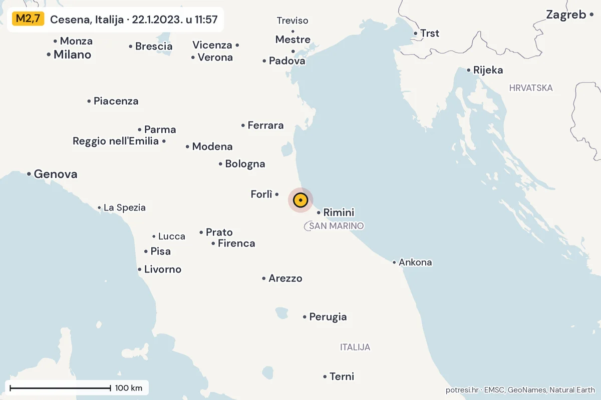 Karta: šire područje, 600 km, potres M2,7, Cesena, Italija, 22.1.2023.