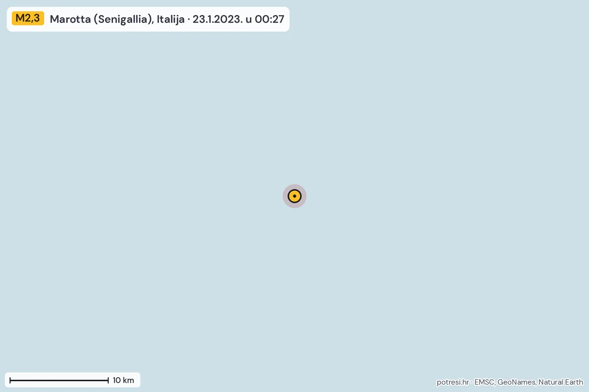 Karta: okolica epicentra, 60 km, potres M2,3, Marotta (Senigallia), Italija, 23.1.2023.