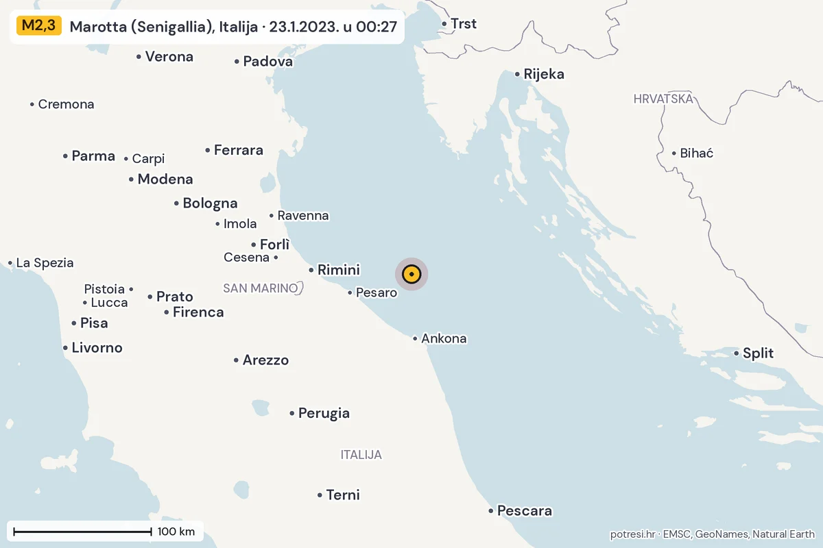 Karta: šire područje, 600 km, potres M2,3, Marotta (Senigallia), Italija, 23.1.2023.