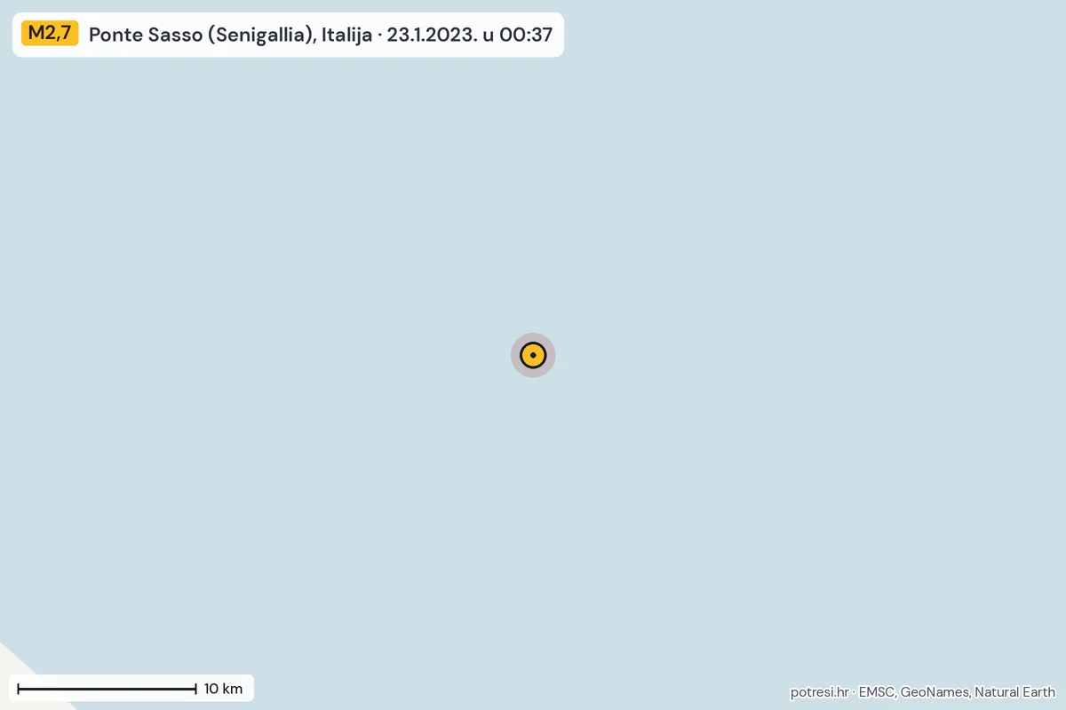 Karta: okolica epicentra, 60 km, potres M2,7, Ponte Sasso (Senigallia), Italija, 23.1.2023.