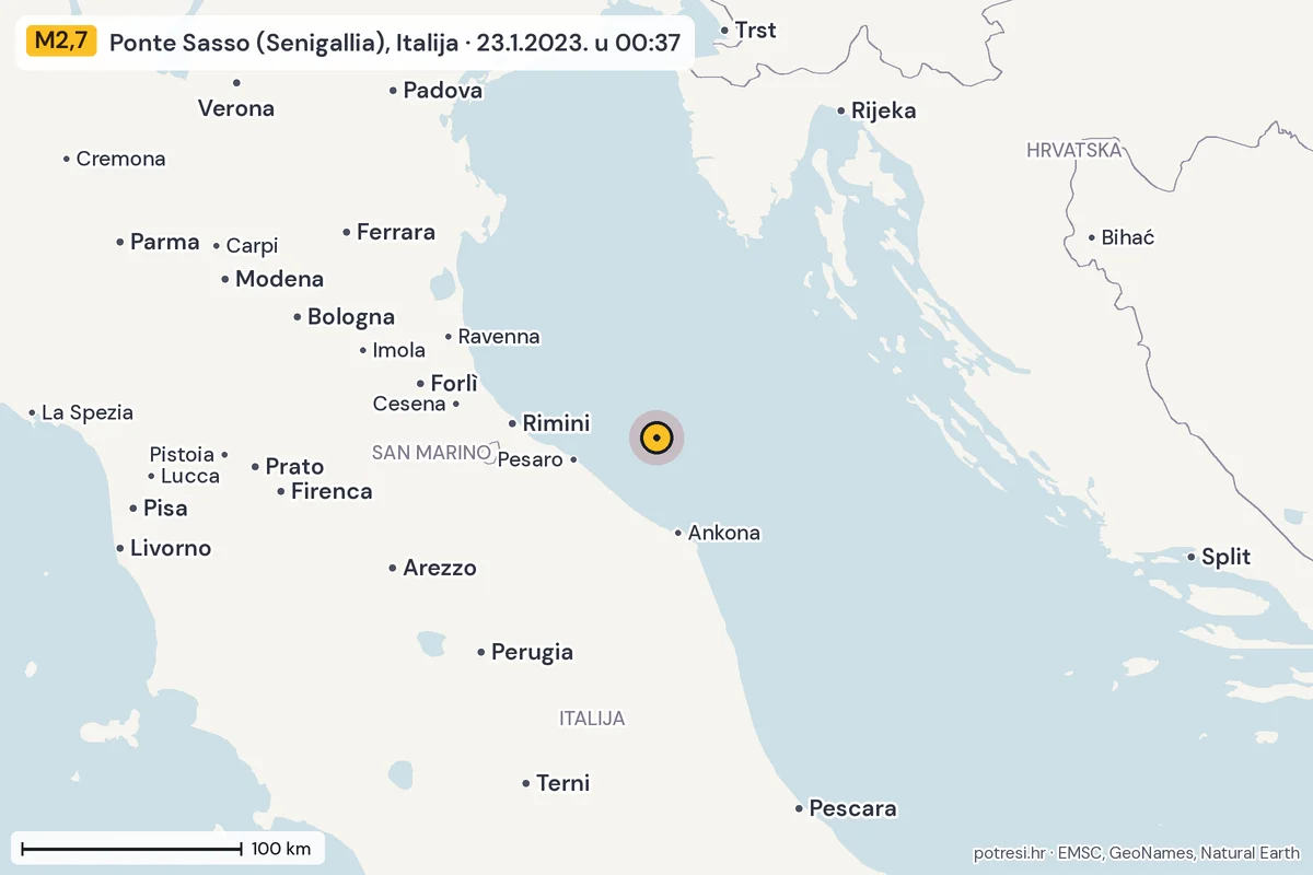 Karta: šire područje, 600 km, potres M2,7, Ponte Sasso (Senigallia), Italija, 23.1.2023.