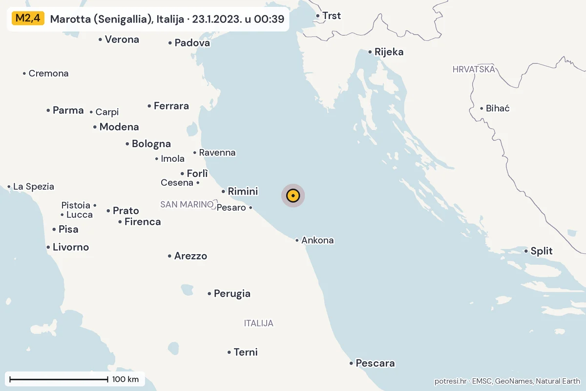 Karta: šire područje, 600 km, potres M2,4, Marotta (Senigallia), Italija, 23.1.2023.