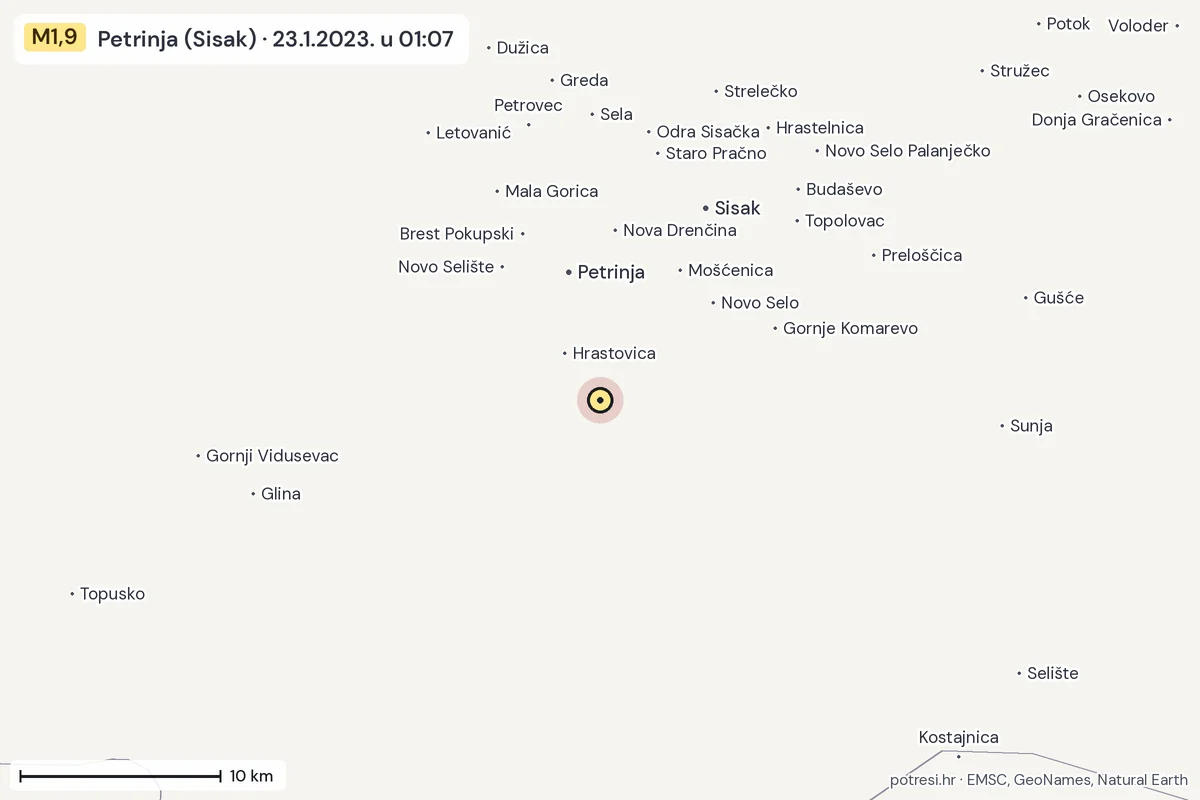 Karta: okolica epicentra, 60 km, potres M1,9, Petrinja (Sisak), 23.1.2023.