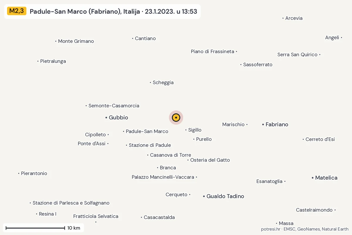 Karta: okolica epicentra, 60 km, potres M2,3, Padule-San Marco (Fabriano), Italija, 23.1.2023.