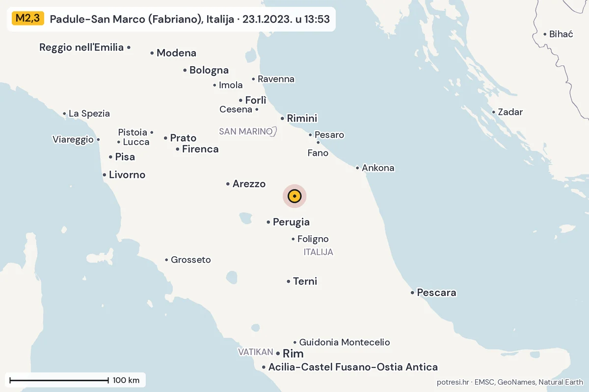 Karta: šire područje, 600 km, potres M2,3, Padule-San Marco (Fabriano), Italija, 23.1.2023.