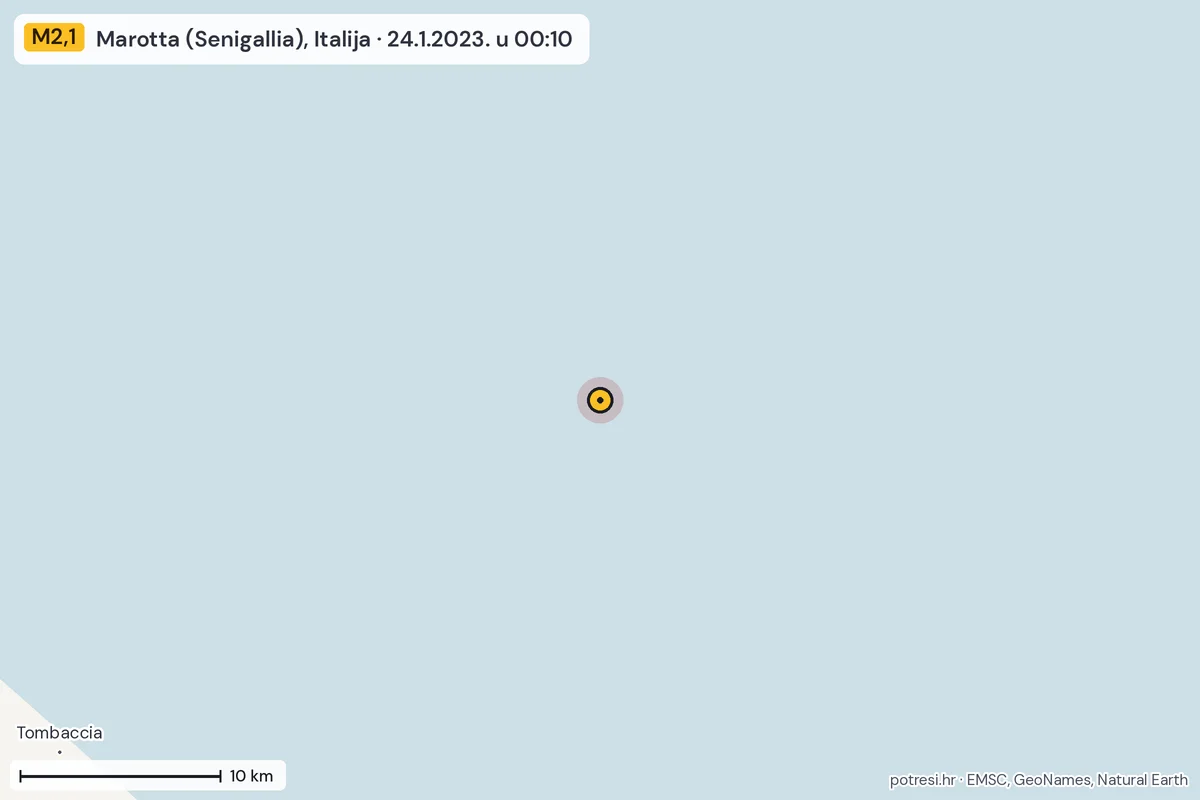 Karta: okolica epicentra, 60 km, potres M2,1, Marotta (Senigallia), Italija, 24.1.2023.