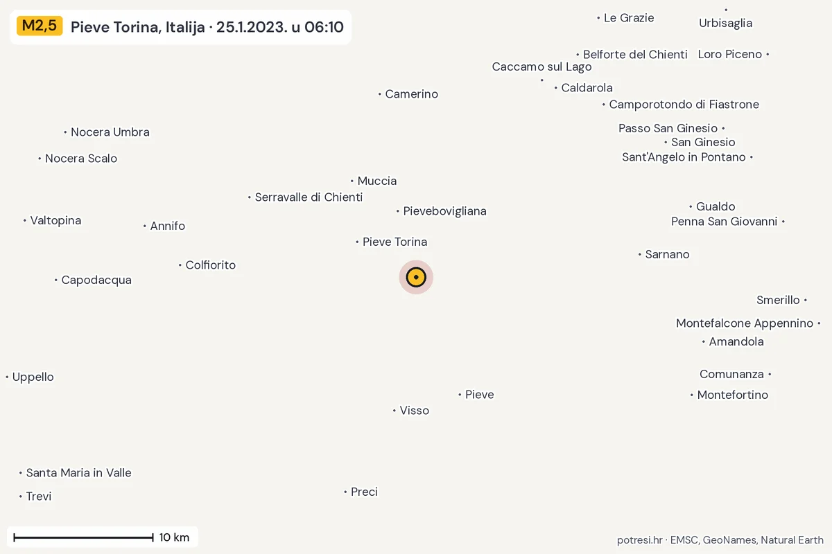 Karta: okolica epicentra, 60 km, potres M2,5, Pieve Torina, Italija, 25.1.2023.