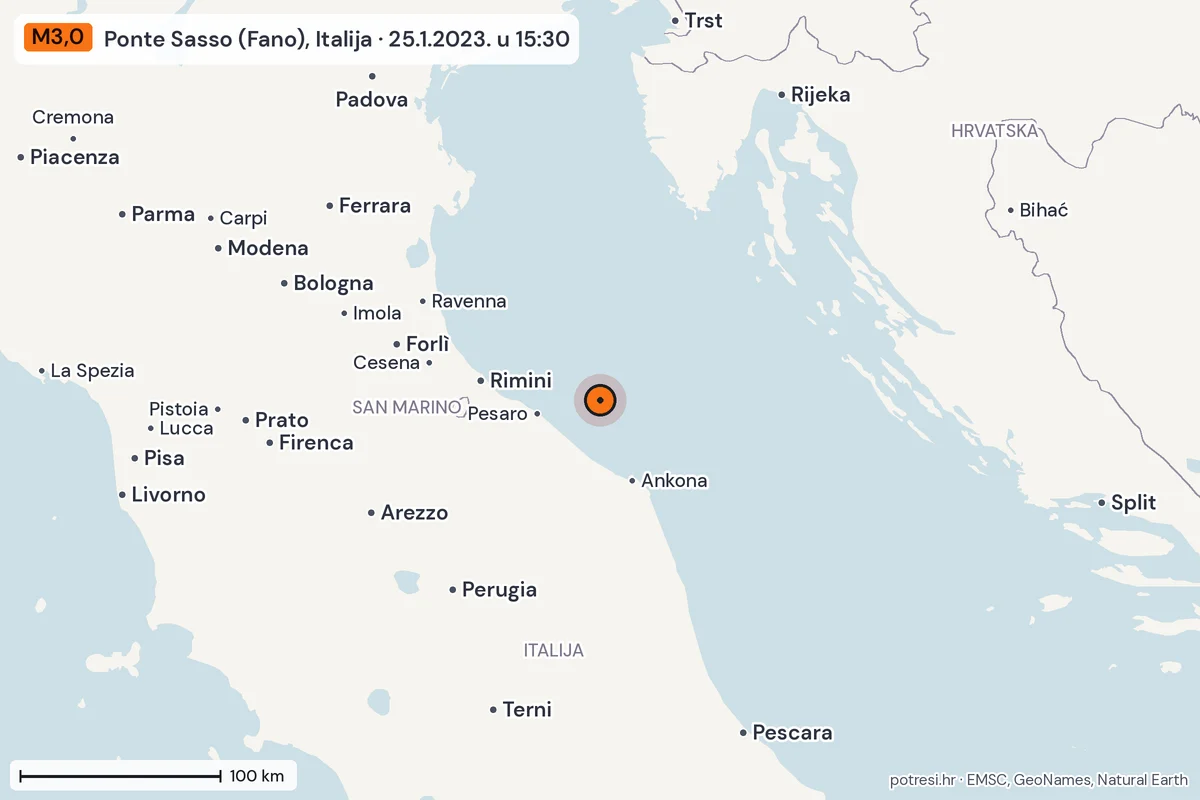Karta: šire područje, 600 km, potres M3,0, Ponte Sasso (Fano), Italija, 25.1.2023.