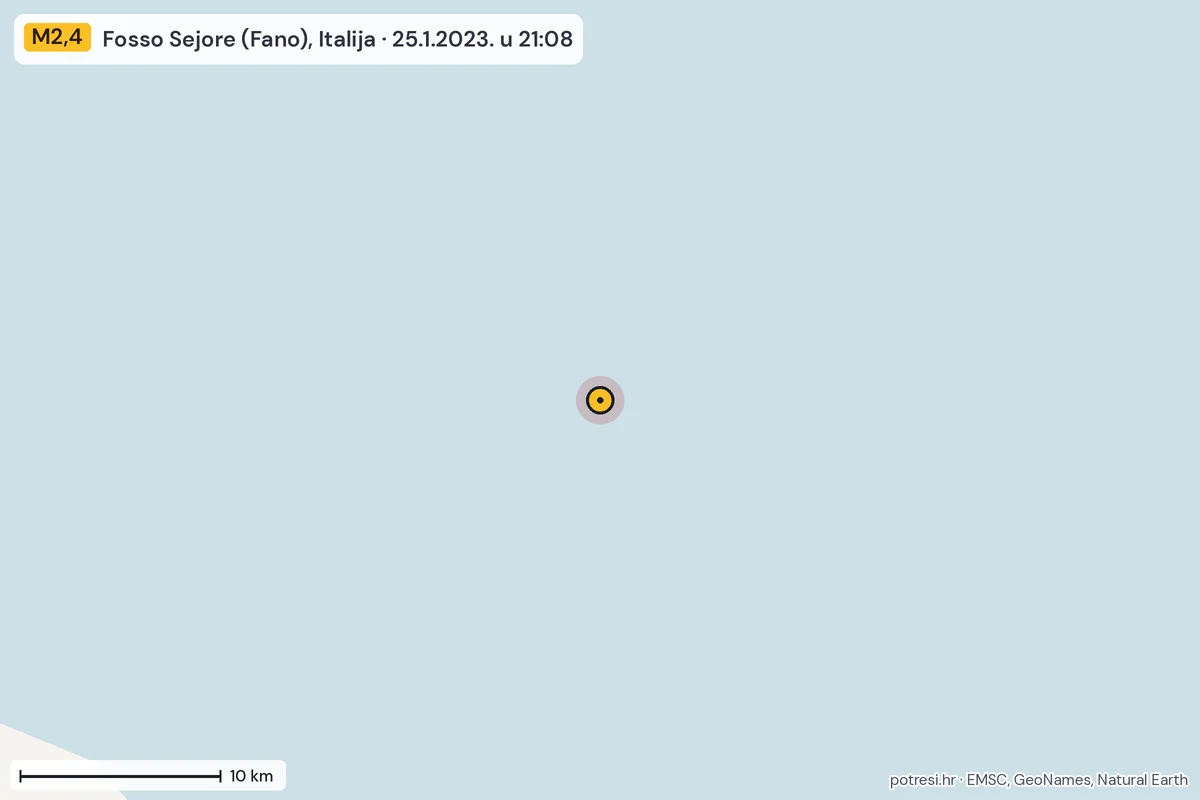 Karta: okolica epicentra, 60 km, potres M2,4, Fosso Sejore (Fano), Italija, 25.1.2023.