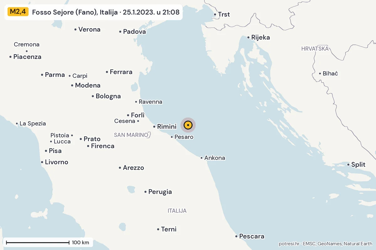 Karta: šire područje, 600 km, potres M2,4, Fosso Sejore (Fano), Italija, 25.1.2023.