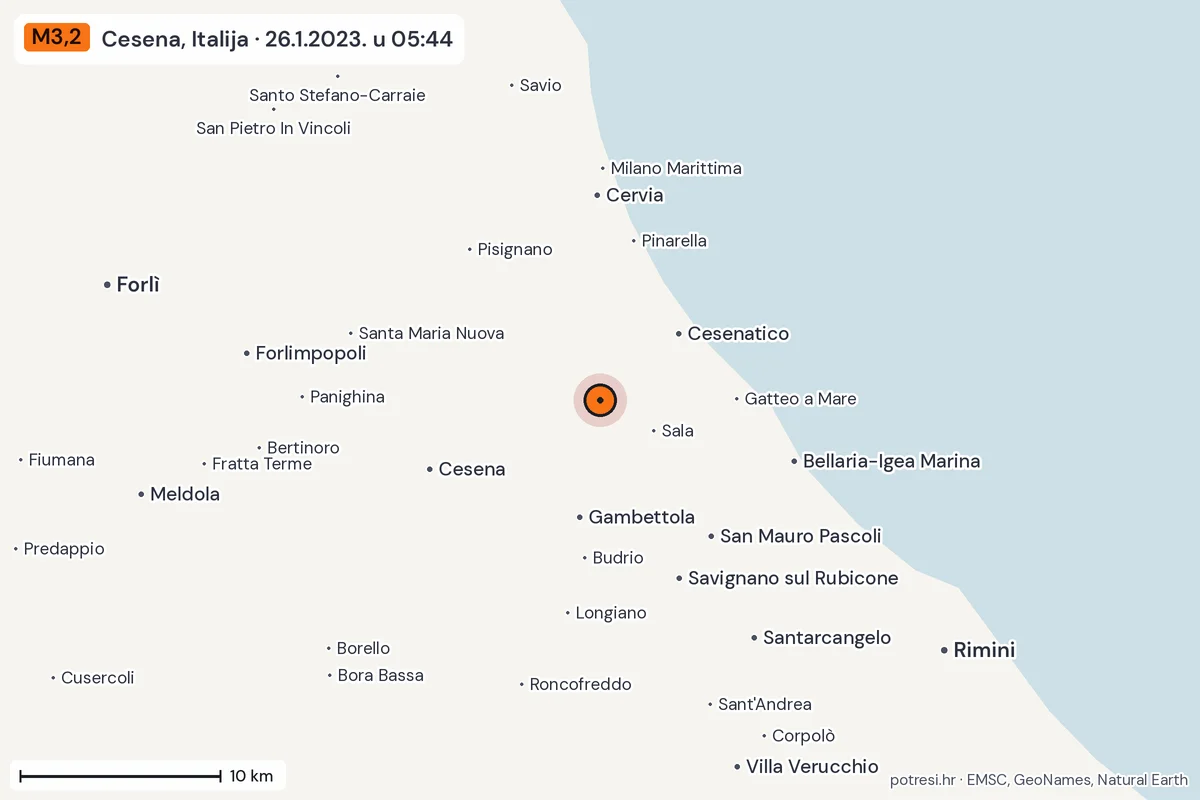 Karta: okolica epicentra, 60 km, potres M3,2, Cesena, Italija, 26.1.2023.