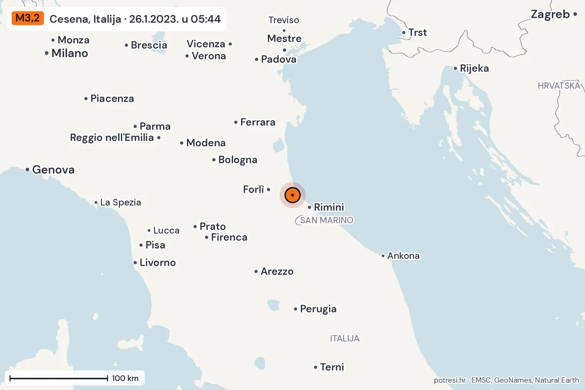 Karta: šire područje, 600 km, potres M3,2, Cesena, Italija, 26.1.2023.