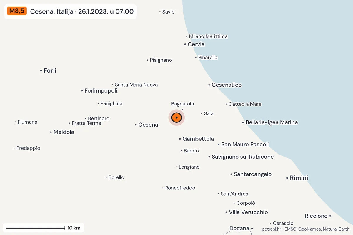 Karta: okolica epicentra, 60 km, potres M3,5, Cesena, Italija, 26.1.2023.