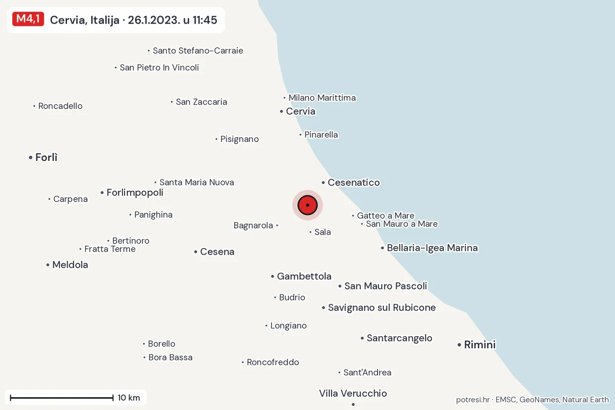 Karta: okolica epicentra, 60 km, potres M4,1, Cervia, Italija, 26.1.2023.