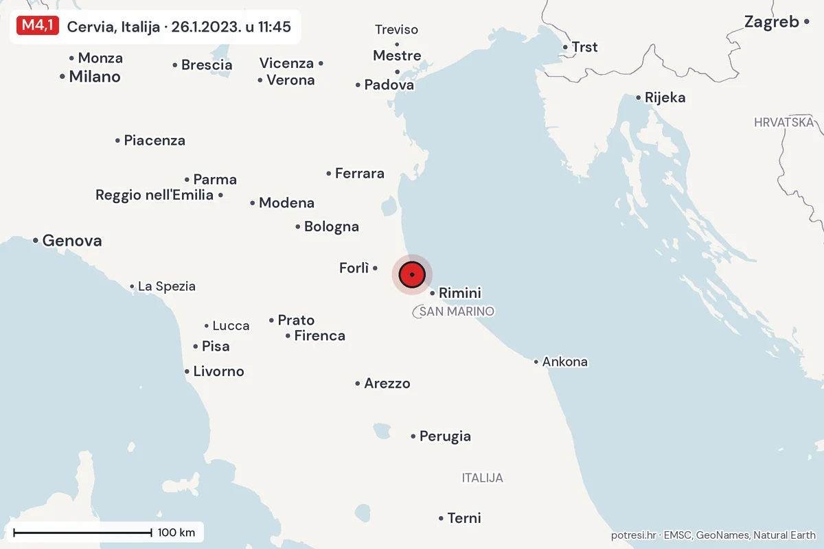 Karta: šire područje, 600 km, potres M4,1, Cervia, Italija, 26.1.2023.