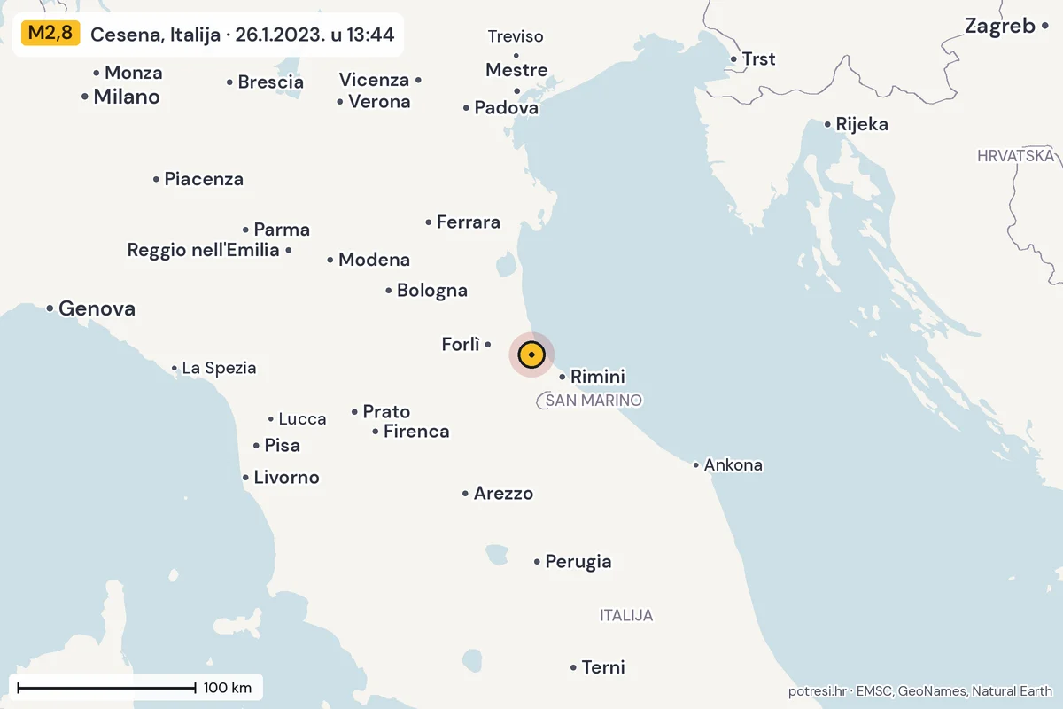 Karta: šire područje, 600 km, potres M2,8, Cesena, Italija, 26.1.2023.