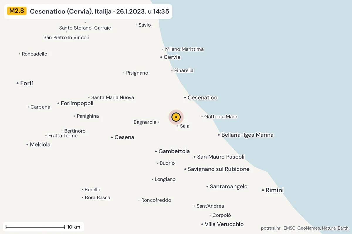 Karta: okolica epicentra, 60 km, potres M2,8, Cesenatico (Cervia), Italija, 26.1.2023.