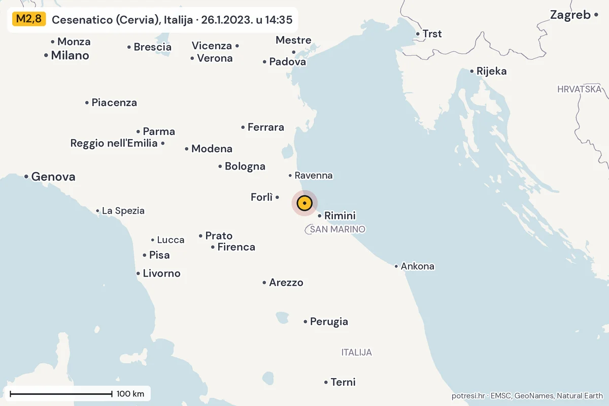 Karta: šire područje, 600 km, potres M2,8, Cesenatico (Cervia), Italija, 26.1.2023.