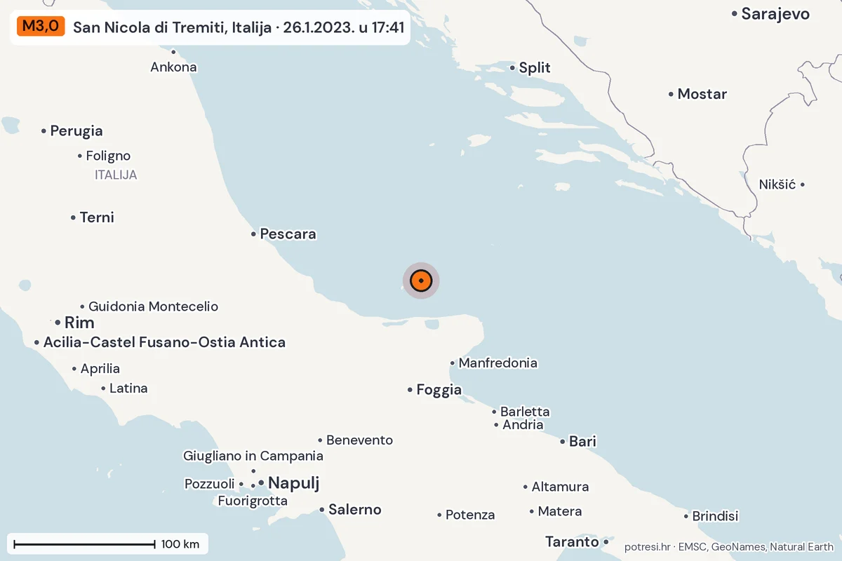 Karta: šire područje, 600 km, potres M3,0, San Nicola di Tremiti, Italija, 26.1.2023.