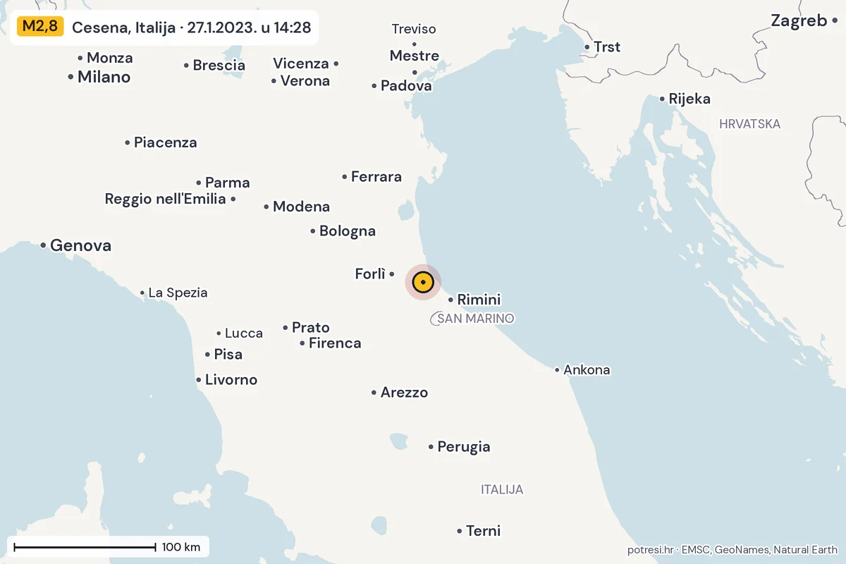 Karta: šire područje, 600 km, potres M2,8, Cesena, Italija, 27.1.2023.