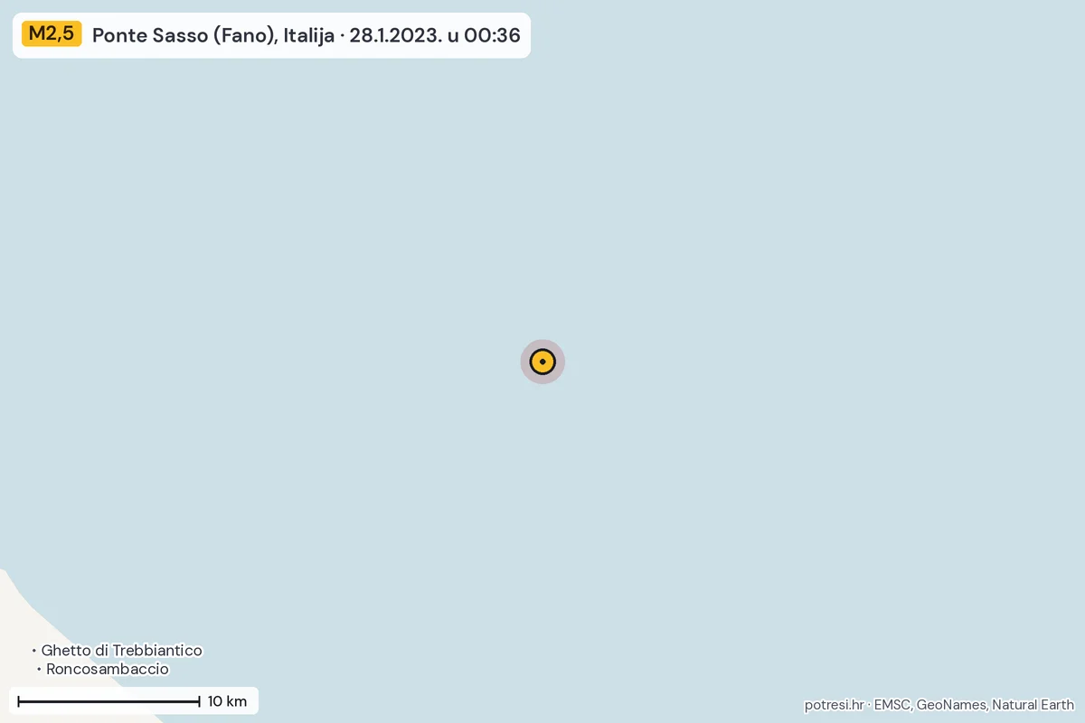 Karta: okolica epicentra, 60 km, potres M2,5, Ponte Sasso (Fano), Italija, 28.1.2023.