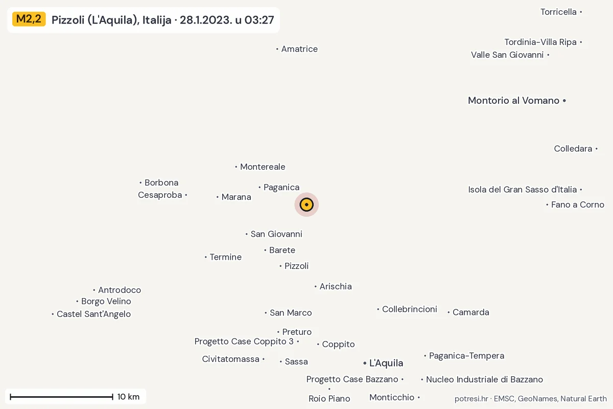 Karta: okolica epicentra, 60 km, potres M2,2, Pizzoli (L'Aquila), Italija, 28.1.2023.