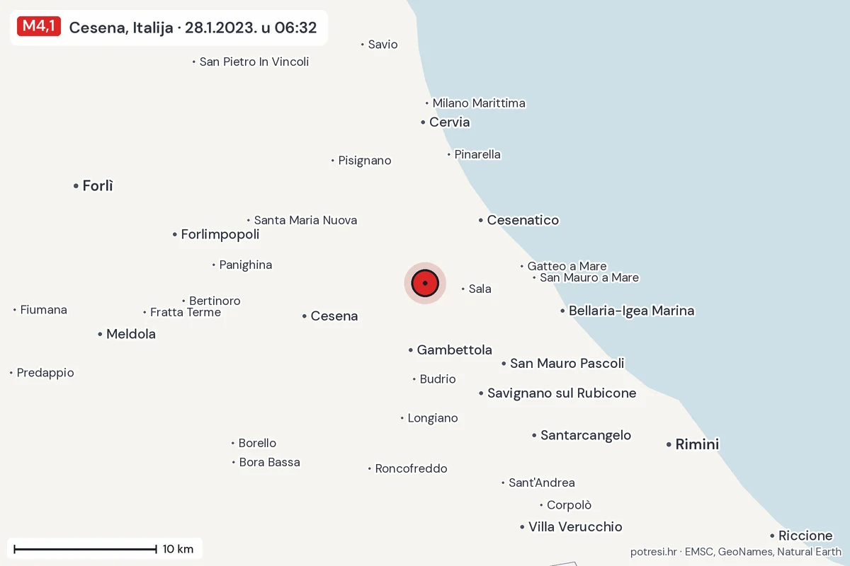 Karta: okolica epicentra, 60 km, potres M4,1, Cesena, Italija, 28.1.2023.