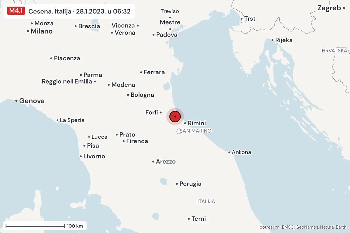Karta: šire područje, 600 km, potres M4,1, Cesena, Italija, 28.1.2023.