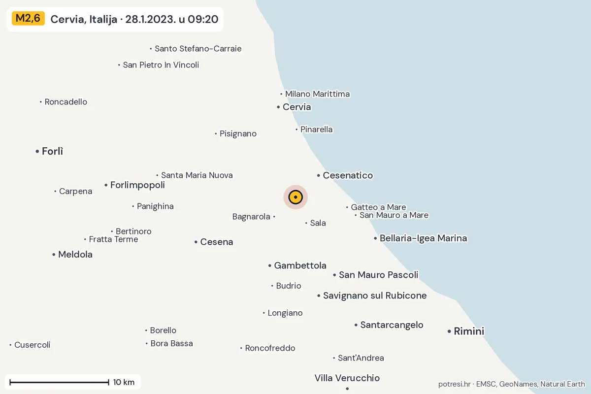 Karta: okolica epicentra, 60 km, potres M2,6, Cervia, Italija, 28.1.2023.