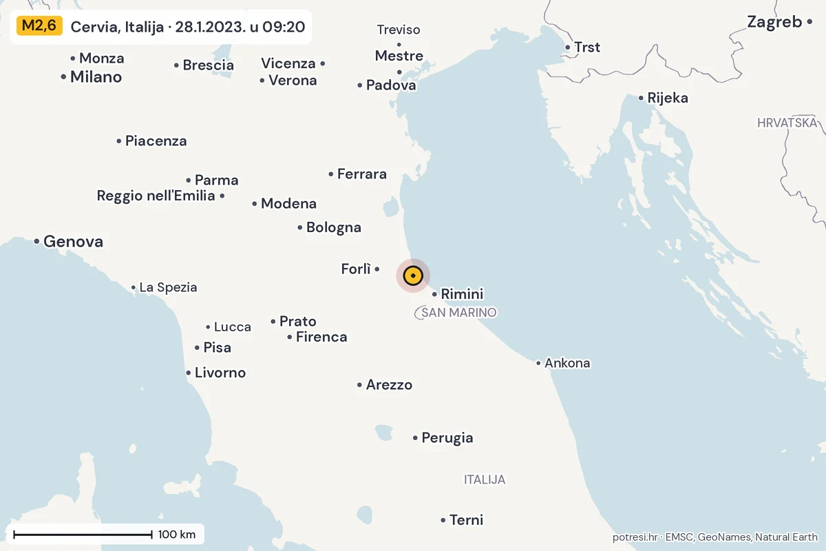 Karta: šire područje, 600 km, potres M2,6, Cervia, Italija, 28.1.2023.