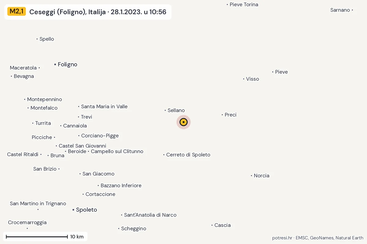 Karta: okolica epicentra, 60 km, potres M2,1, Ceseggi (Foligno), Italija, 28.1.2023.