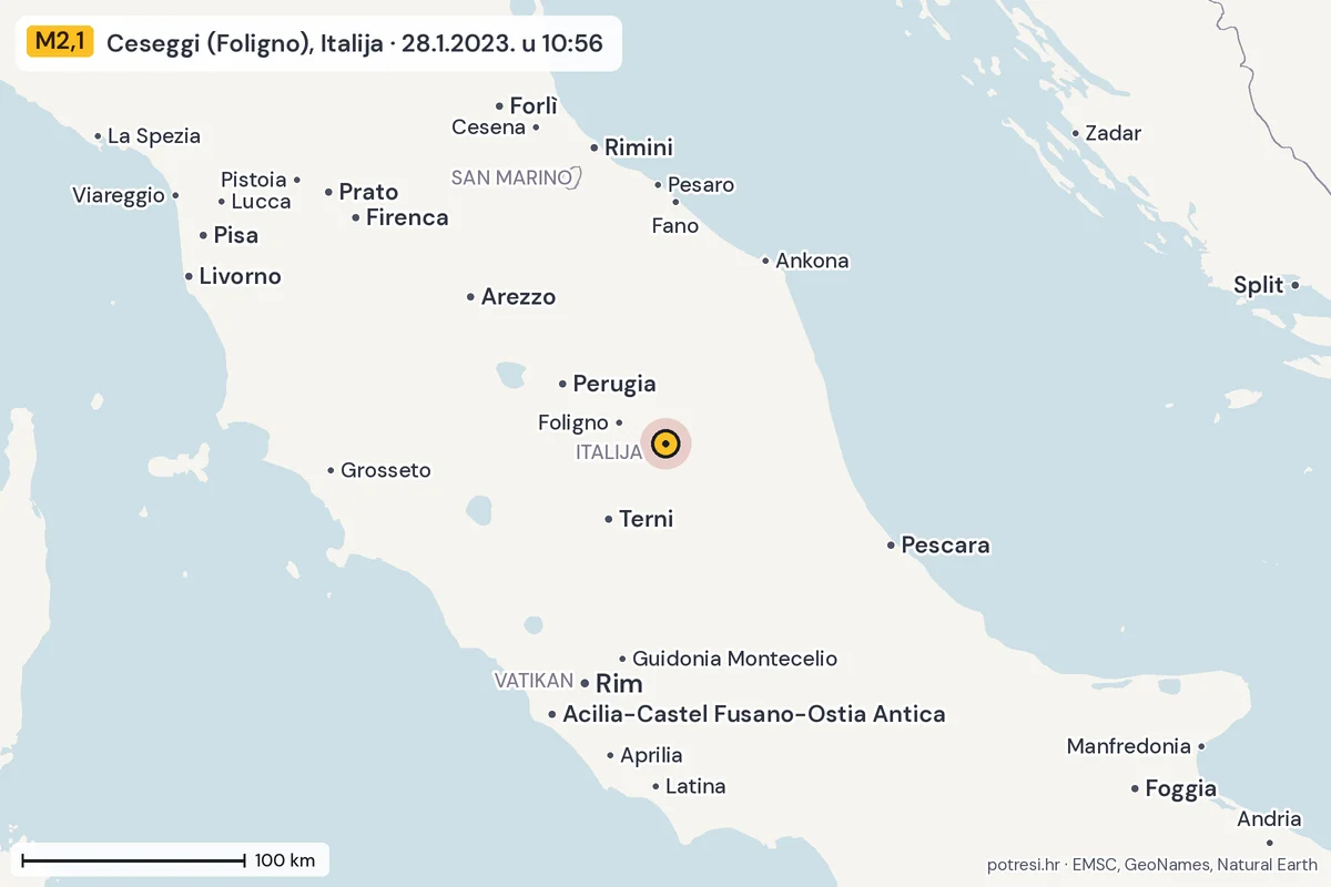 Karta: šire područje, 600 km, potres M2,1, Ceseggi (Foligno), Italija, 28.1.2023.