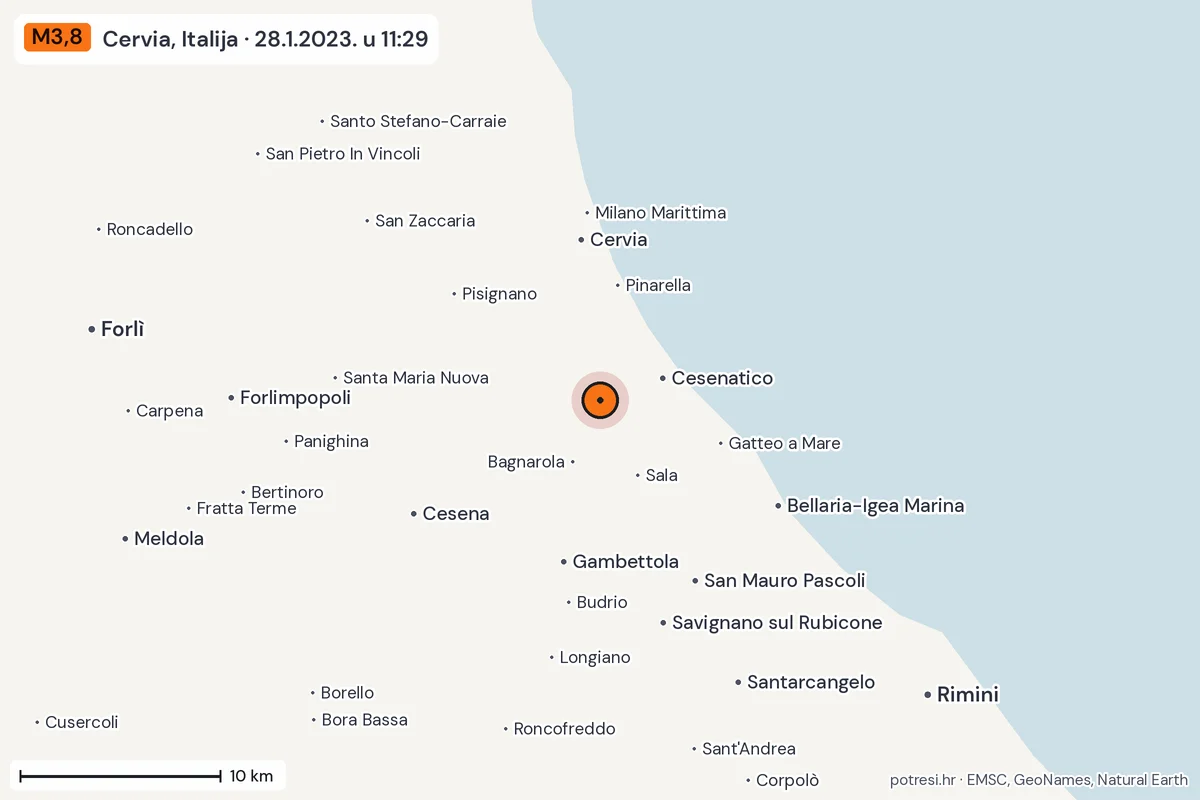 Karta: okolica epicentra, 60 km, potres M3,8, Cervia, Italija, 28.1.2023.