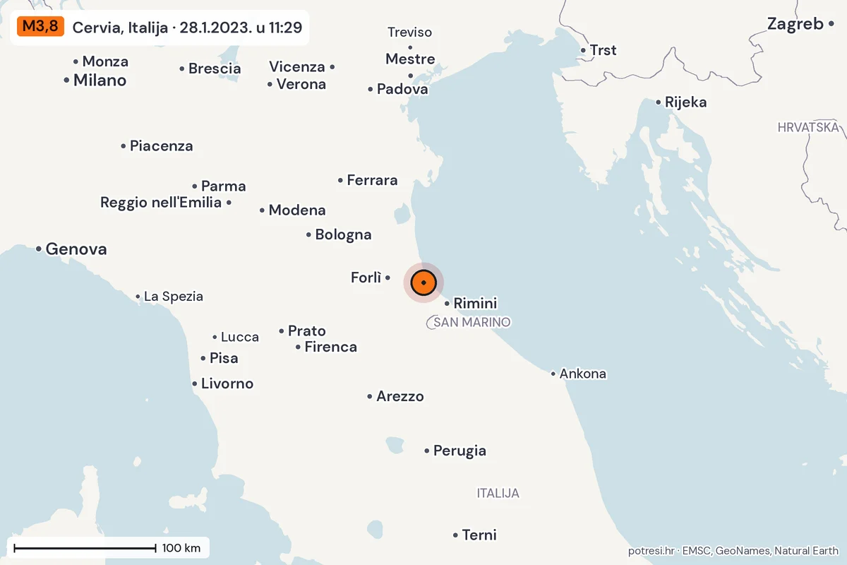 Karta: šire područje, 600 km, potres M3,8, Cervia, Italija, 28.1.2023.