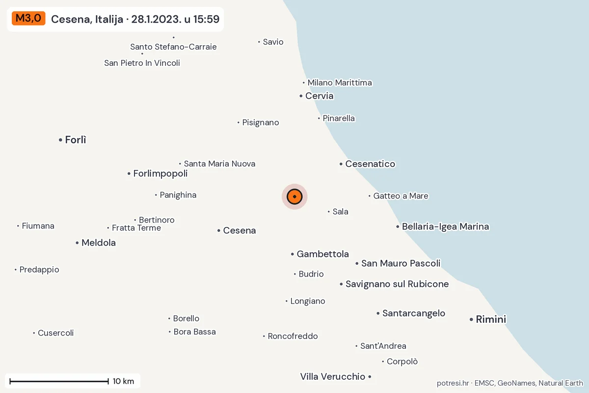 Karta: okolica epicentra, 60 km, potres M3,0, Cesena, Italija, 28.1.2023.