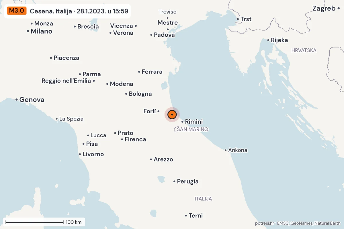 Karta: šire područje, 600 km, potres M3,0, Cesena, Italija, 28.1.2023.