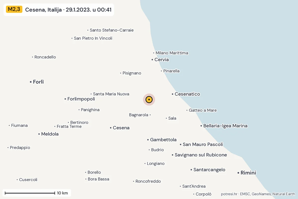 Karta: okolica epicentra, 60 km, potres M2,3, Cesena, Italija, 29.1.2023.