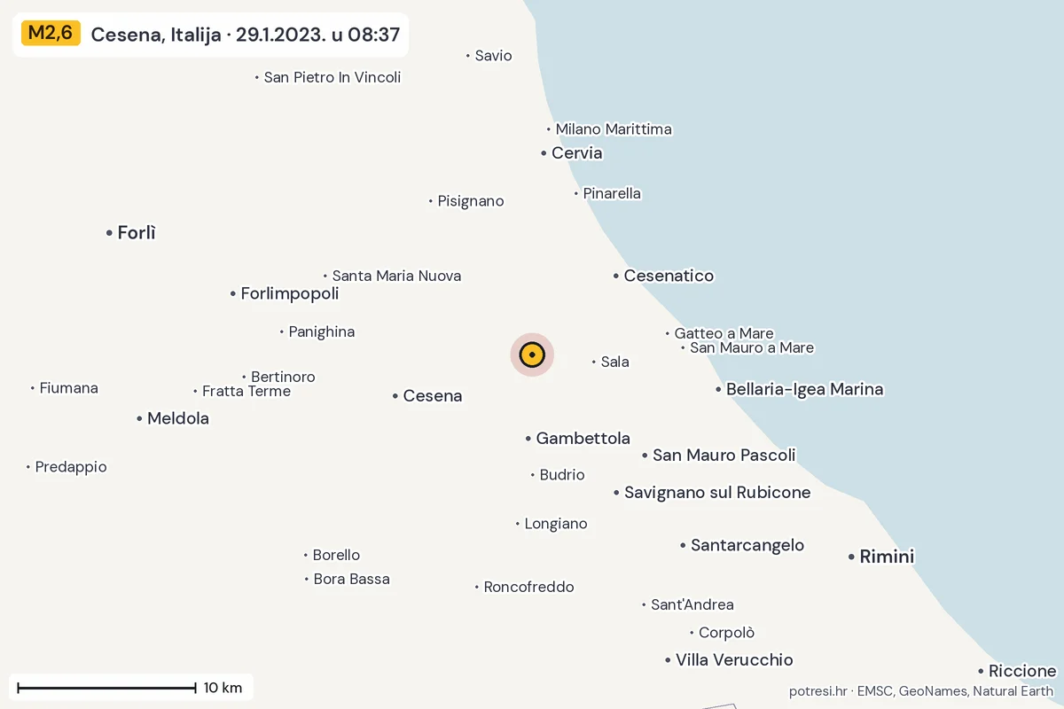 Karta: okolica epicentra, 60 km, potres M2,6, Cesena, Italija, 29.1.2023.