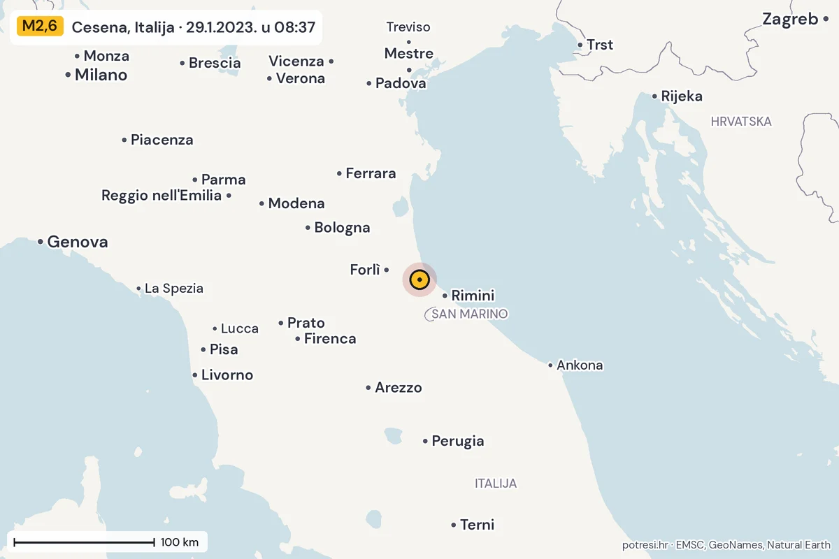 Karta: šire područje, 600 km, potres M2,6, Cesena, Italija, 29.1.2023.