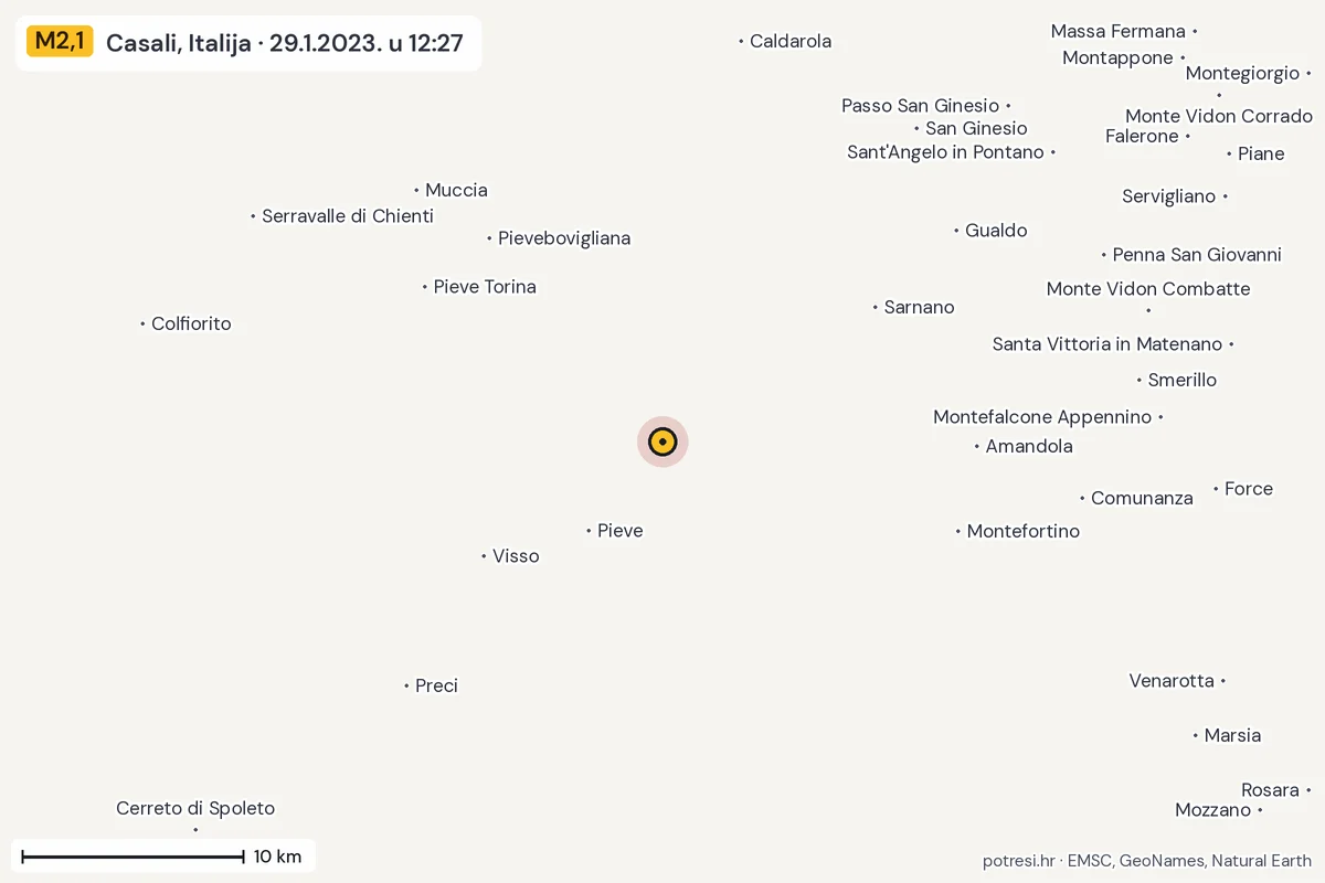 Karta: okolica epicentra, 60 km, potres M2,1, Casali, Italija, 29.1.2023.