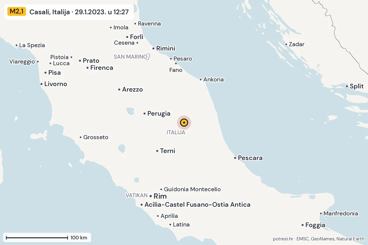 Karta: šire područje, 600 km, potres M2,1, Casali, Italija, 29.1.2023.