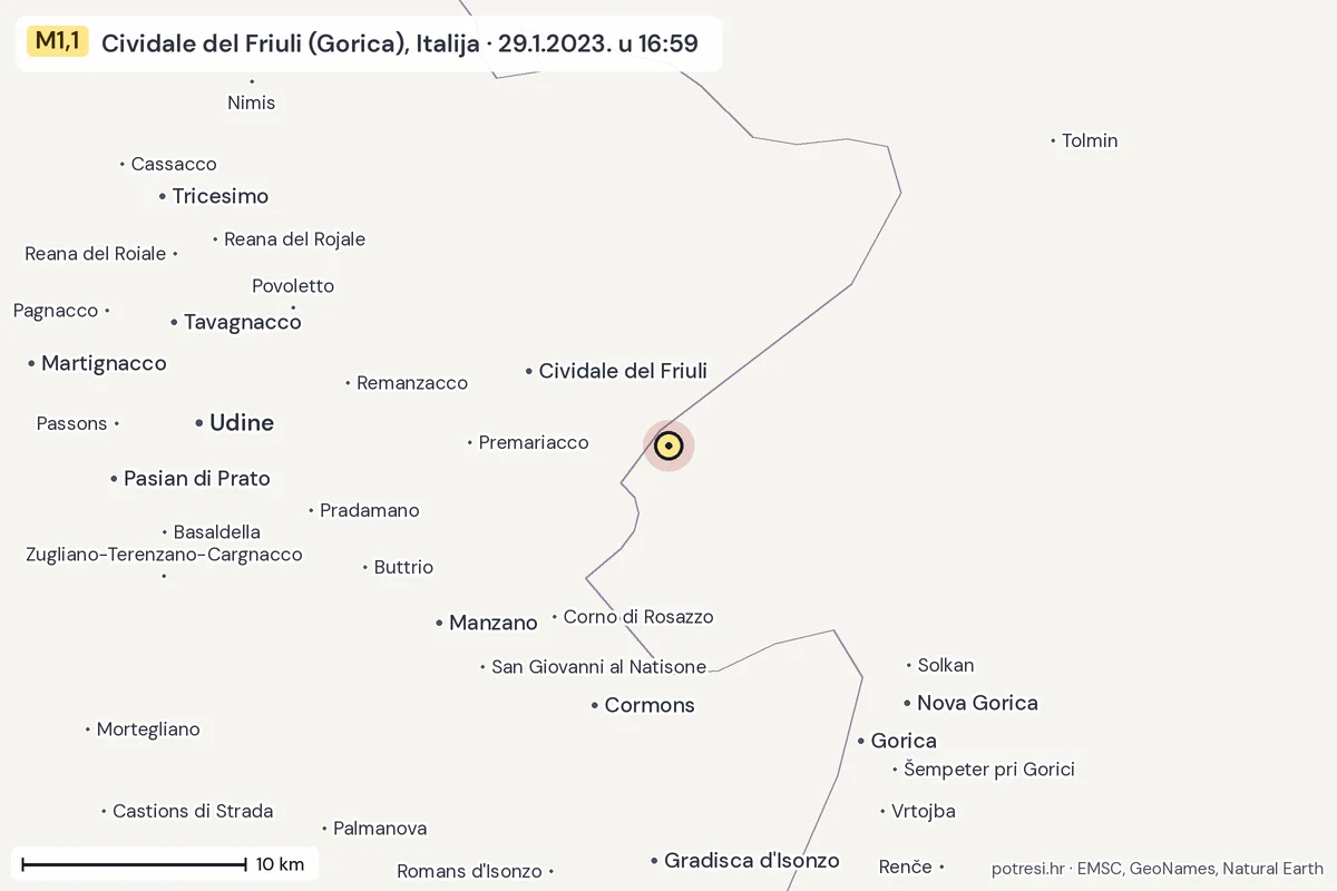 Karta: okolica epicentra, 60 km, potres M1,1, Cividale del Friuli (Gorica), Italija, 29.1.2023.