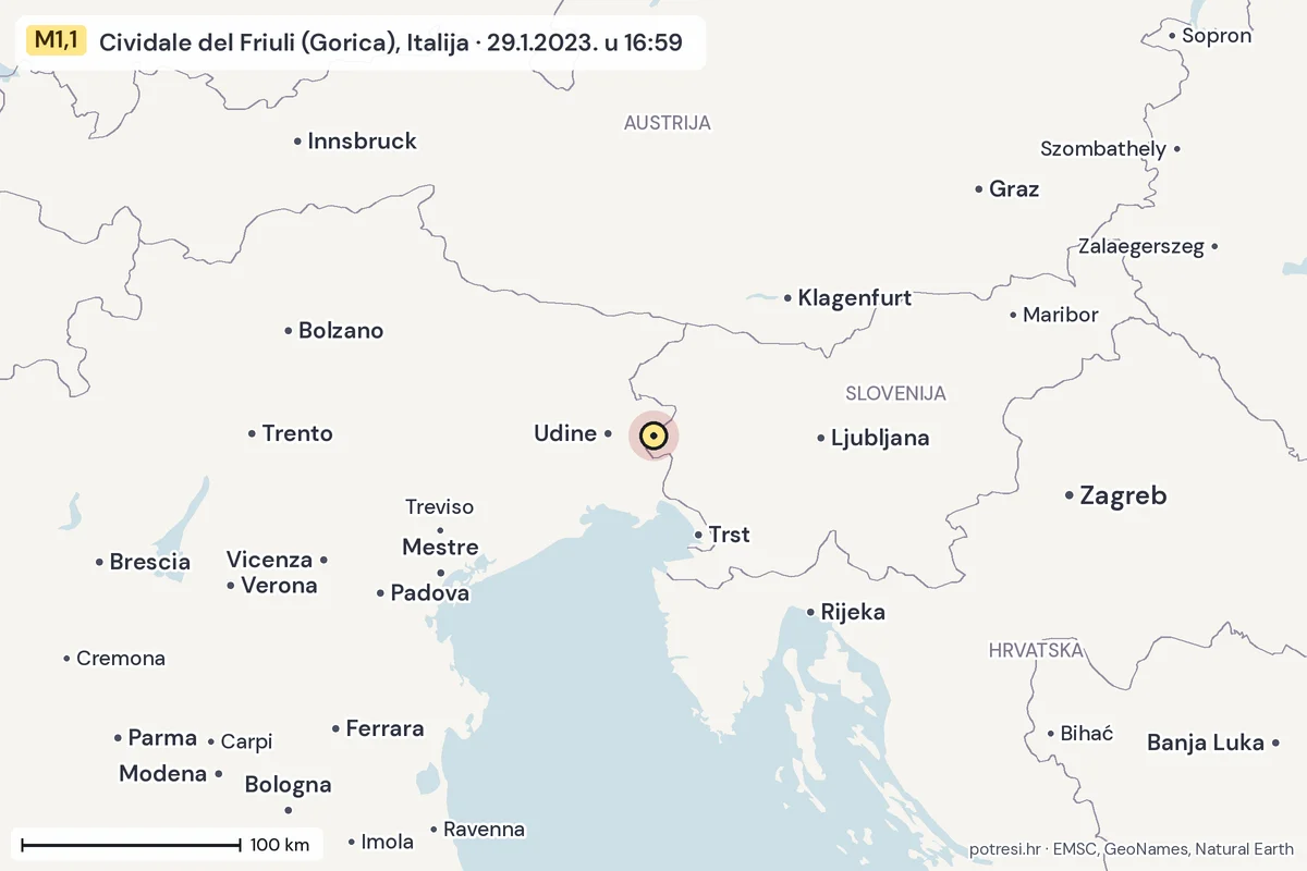 Karta: šire područje, 600 km, potres M1,1, Cividale del Friuli (Gorica), Italija, 29.1.2023.