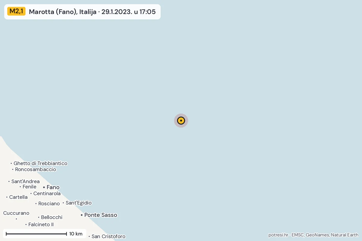 Karta: okolica epicentra, 60 km, potres M2,1, Marotta (Fano), Italija, 29.1.2023.